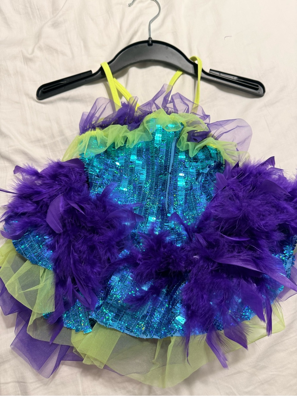 Sparkling Teal Sequin Feather Tutu - Purple & Lime Accent